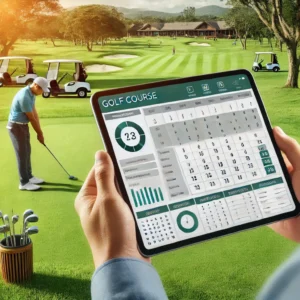 Gerente de campo de golf revisando el software de gestión en una tablet sobre el green