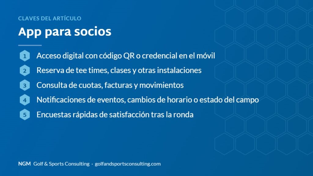 Claves del artículo sobre app para socios: resumen gráfico de NGM Golf & Sports Consulting