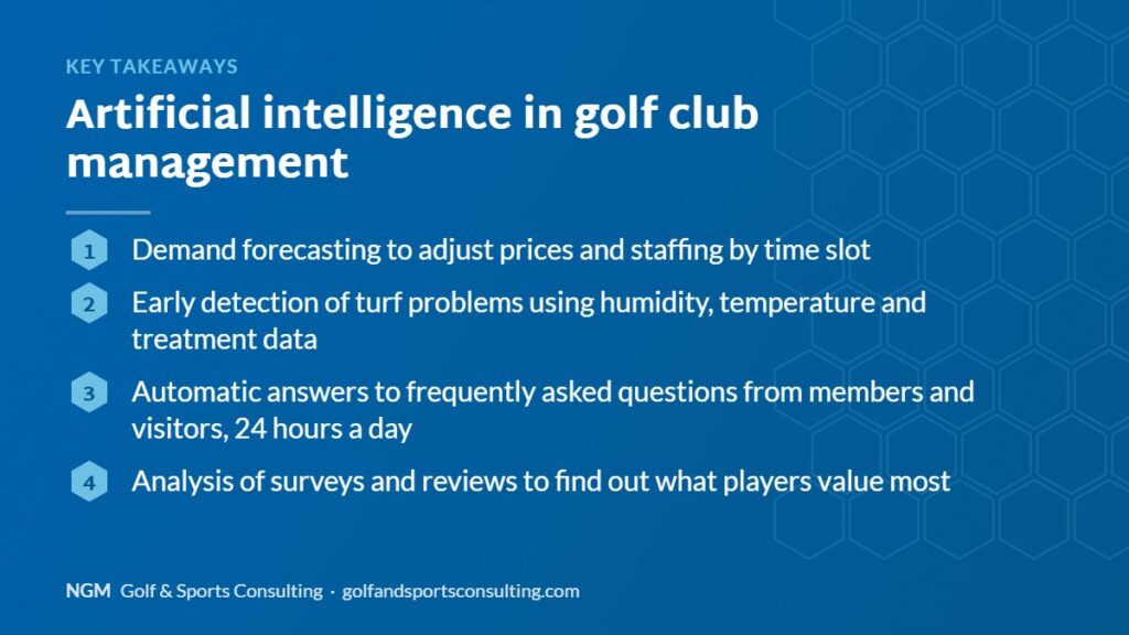 Key takeaways on artificial intelligence in golf club management, NGM Golf & Sports Consulting infographic