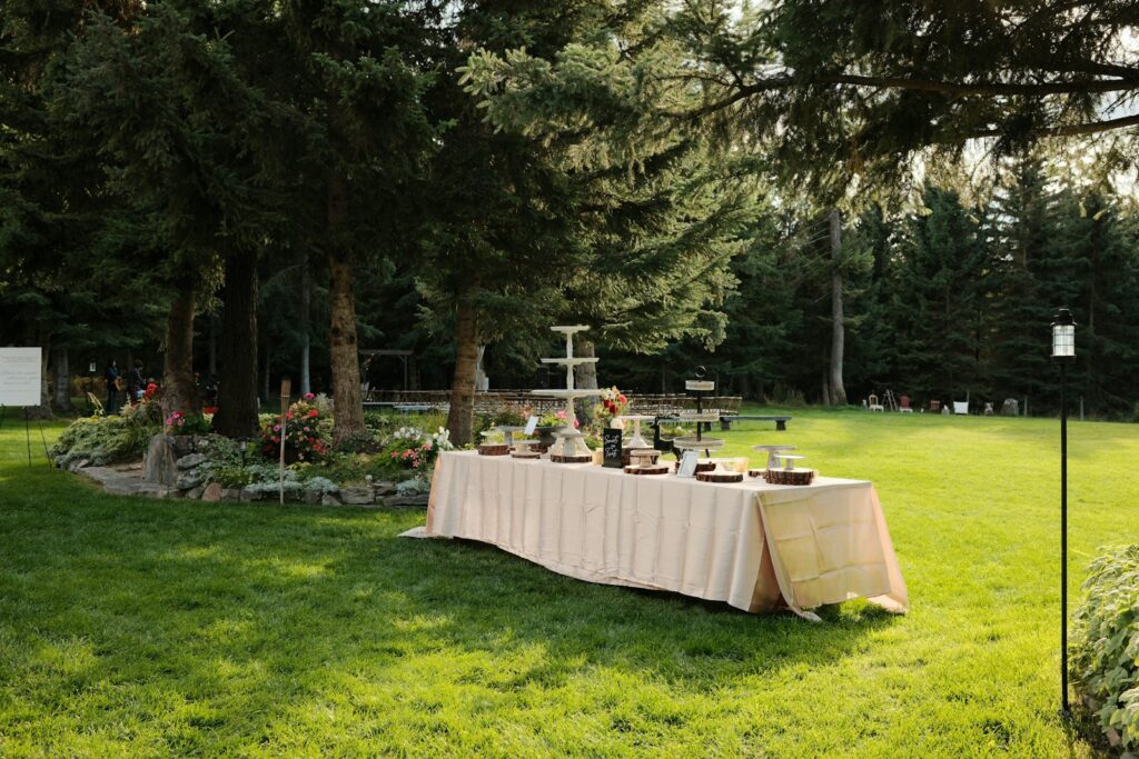Mesa preparada para un banquete al aire libre en un jardín