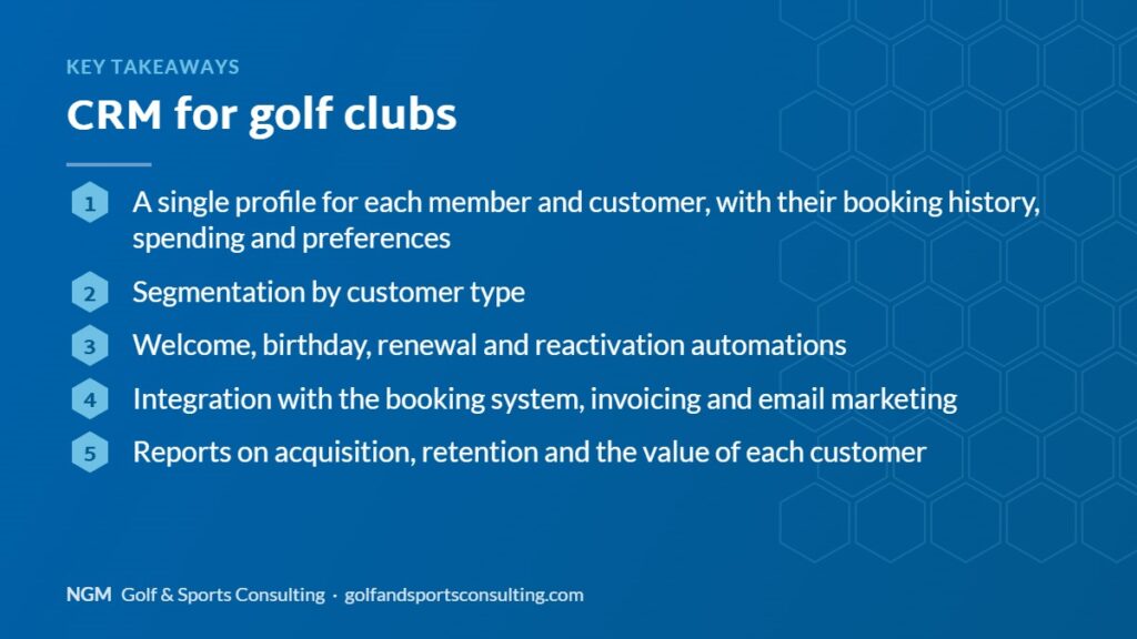 Key takeaways on crm for golf clubs, NGM Golf & Sports Consulting infographic