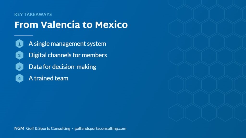 Key takeaways on from valencia to mexico, NGM Golf & Sports Consulting infographic