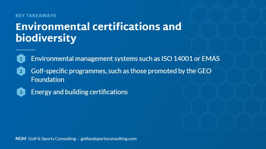 Key takeaways on environmental certifications and biodiversity, NGM Golf & Sports Consulting infographic