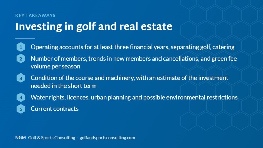 Key takeaways on investing in golf and real estate, NGM Golf & Sports Consulting infographic