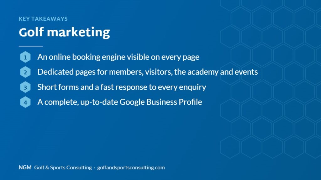 Key takeaways on golf marketing, NGM Golf & Sports Consulting infographic
