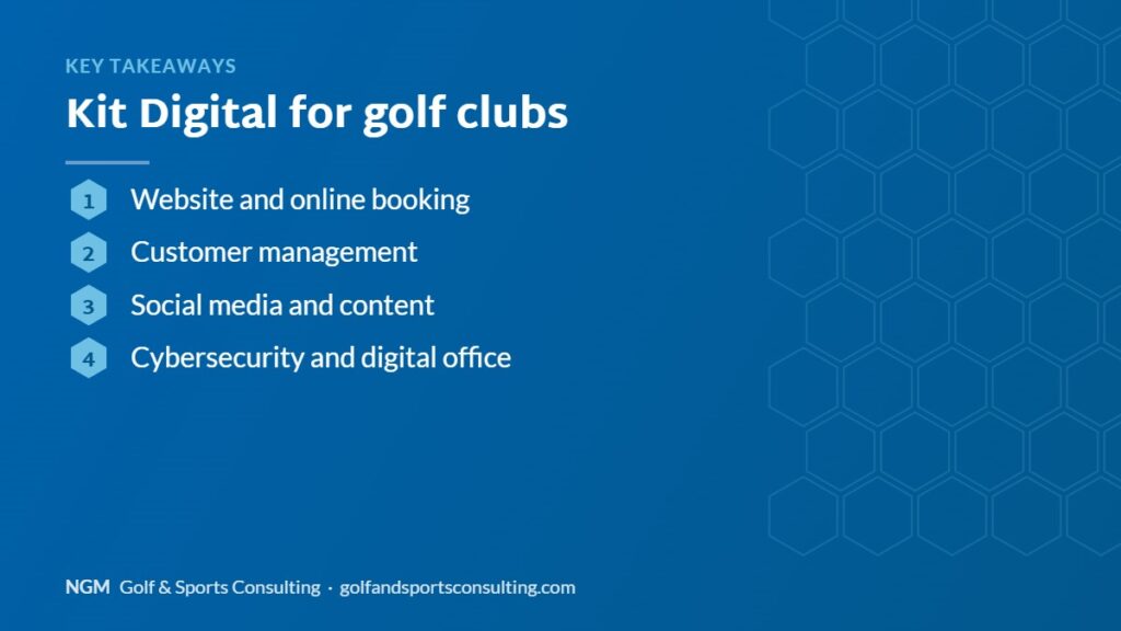 Key takeaways on kit digital for golf clubs, NGM Golf & Sports Consulting infographic