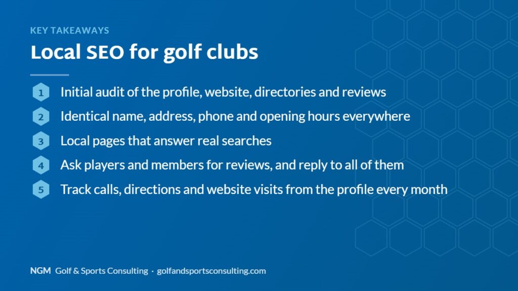 Key takeaways on local seo for golf clubs, NGM Golf & Sports Consulting infographic