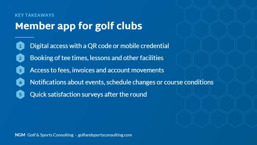 Key takeaways on member app for golf clubs, NGM Golf & Sports Consulting infographic