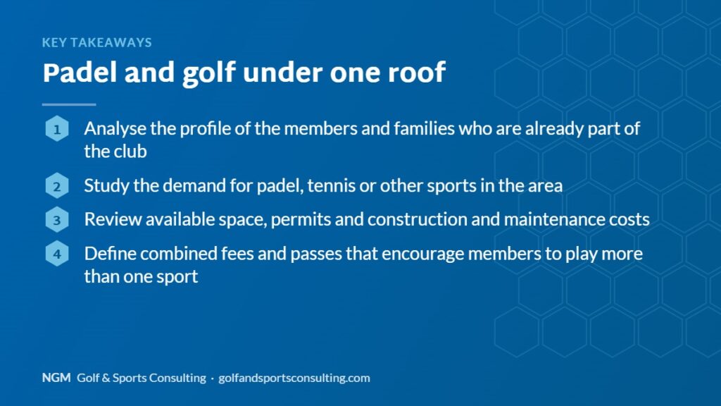 Key takeaways on padel and golf under one roof, NGM Golf & Sports Consulting infographic