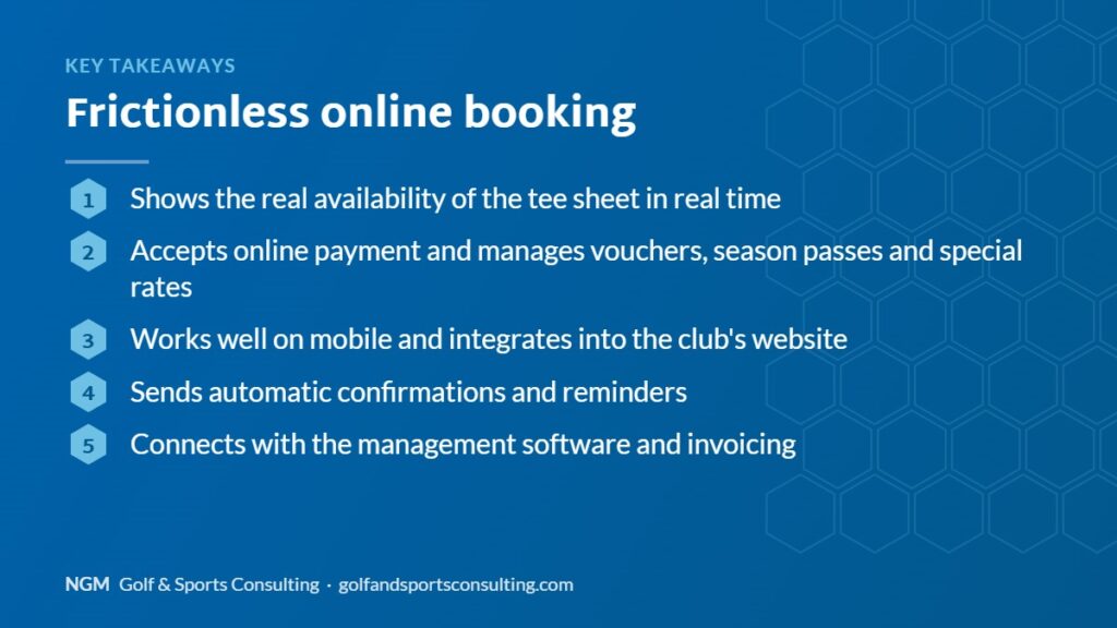 Key takeaways on frictionless online booking, NGM Golf & Sports Consulting infographic