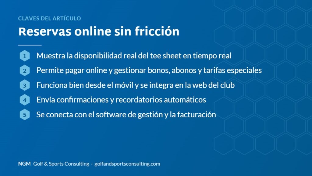 Claves del artículo sobre reservas online sin fricción: resumen gráfico de NGM Golf & Sports Consulting