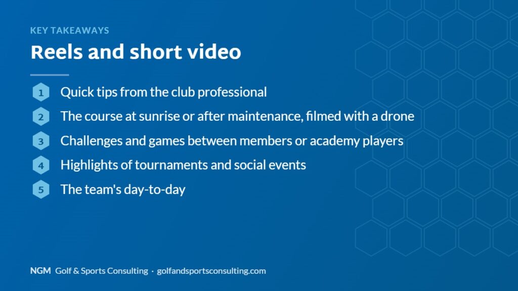 Key takeaways on reels and short video, NGM Golf & Sports Consulting infographic