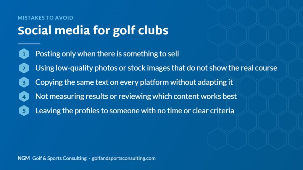 Mistakes to avoid: social media for golf clubs, NGM Golf & Sports Consulting infographic