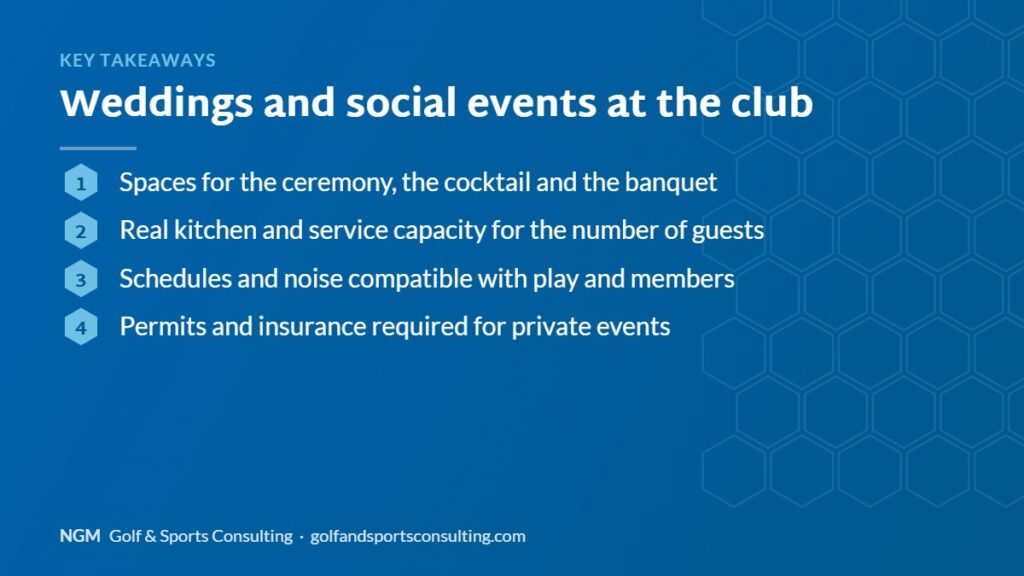 Key takeaways on weddings and social events, NGM Golf & Sports Consulting infographic